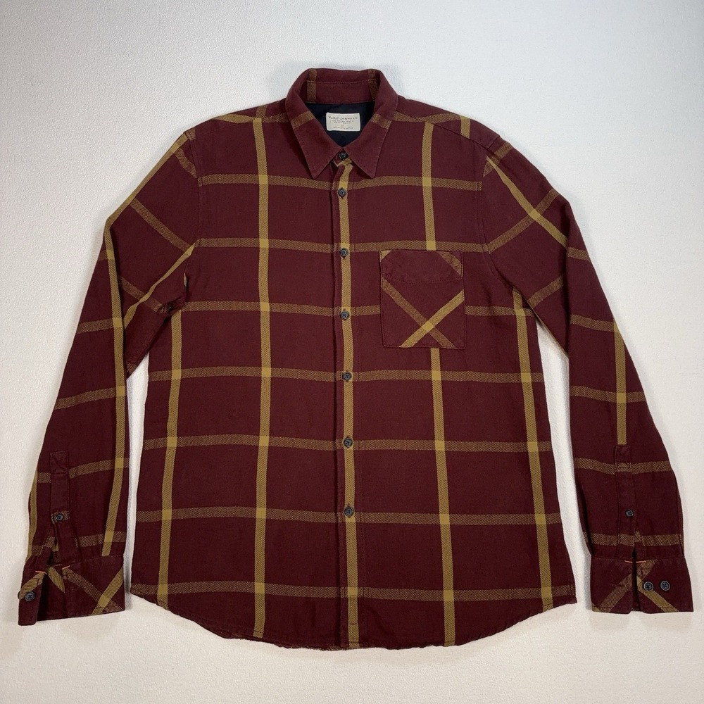 Nudie Jeans Sten Window Flannel Shirt Mens M Burgundy Plaid Check Organic Cotton